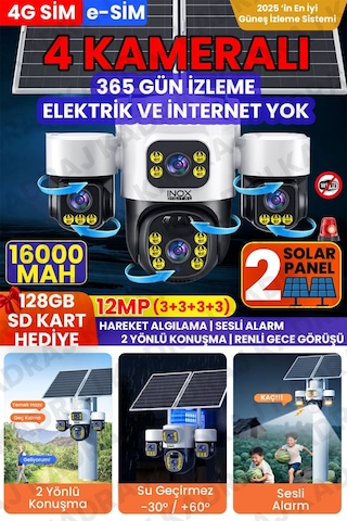 4 Kameralı Inox Modeli , 4g + E-sim, 2 Solar Panelli, Uzaktan İzleme , Hareket Takip , Alarm , Sesli Konuşma, 16000 Mah Batarya