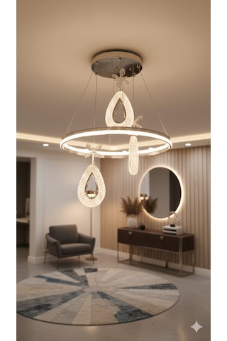 Bohem Aydınlatma 3'lü Çift Taraflı 3renk Led Halka Badem Sarkıt Modern Salon/oda/yatak/antre Avizesi Krom