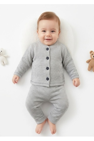 Gülerçocuk Unisex Bebek Gri Triko Örgü Alt Üst Takım - Düğmeli Hırka Ve Pantolon İkili Set Yenidoğan 0-3 Ay Gri - 938051830 Gri