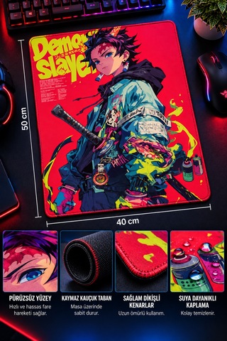 50x40 Cm Demon Slayer Tanjiro Desenli Gaming Oyuncu Mouse Pad Kaymaz Taban Büyük Fare Altlığı