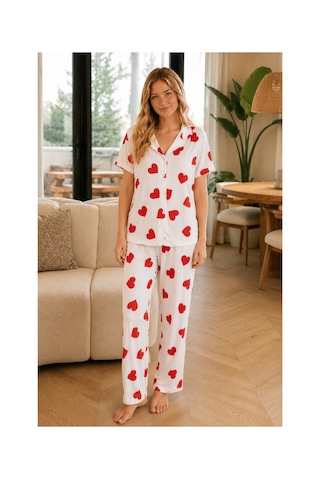 Rindahomewear Kadın Milan Düğmeli Pijama Takımı Beyaz1