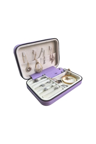Özer Kutu Fermuarlı Deri Ahşap Kasalı Büyük Boy Takı Seyahat Ve Mücevher Çantası Kutusu Lila 14 x 21