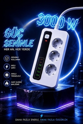 3000w Akıllı 3'lü Priz Usb' Li Uzatma Kablo - 4 Usb + 2 Type-c Hızlı Şarj 2 Mt Uzatma Kablo 2 - 5 M