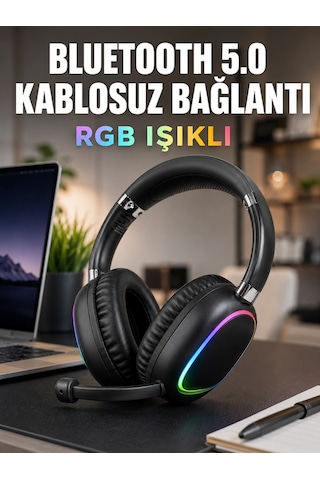 Bluetooth 5.0 Kablosuz Kulak Üstü Kulaklık Mikrofonlu Rgb Aydınlatmalı