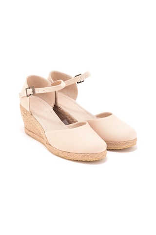 Star Tombis Gerçek Elişi Bej Bilekten Bantlı Topuğu Açık Keten Espadril Dolgu Topuk Handmade Bej
