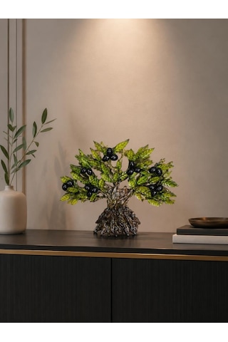 Dekoratif Zeytin Ağacı Biblo 21x26 Cm Reçine El Yapımı Siyah Zeytinli Konsol Vitrin Ofis Masa Üstü Ev Dekoru