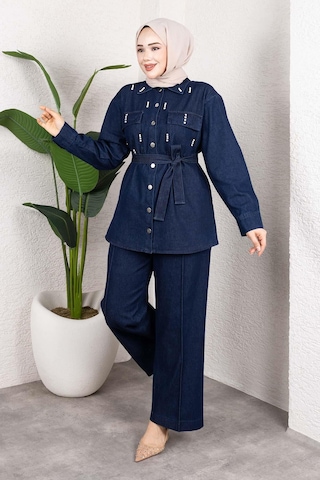 Misskayle Taş Detaylı Kuşaklı Denim Tesettür Takım Koyu Mavi Koyu