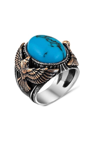 Kartal Işlemeli Turkuaz Firuze Taşlı Gümüş Erkek Yüzük
