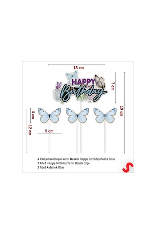 Kelebekli Happy Birthday Pasta Süsü 4 Lü Set - Mavi