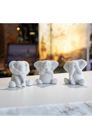 3 Lü Görmedim-duymadım-bilmiyorum Mermerit Fil Biblo - Beyaz-11958