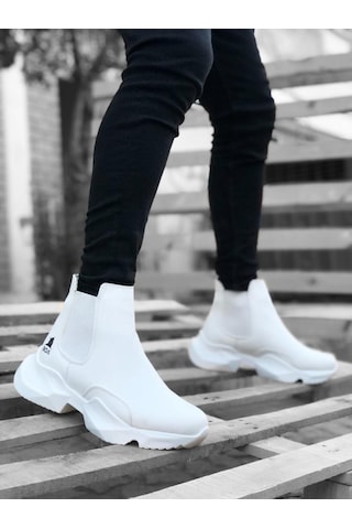 Bpm BA0444 Bağcıksız Rahat Yüksek Taban Beyaz Erkek Spor Yarım Bilek Bot