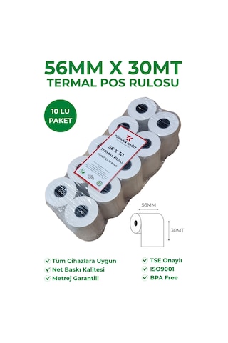 56x30 Termal Rulo Yazarkasa Pos Rulosu 10 Paket 100 Adet Tse Belgeli Bpa Free