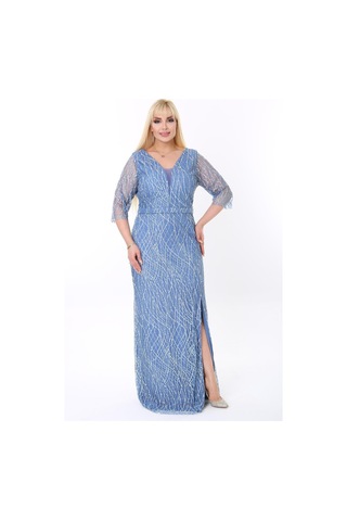 Ladies First Büyük Beden 3767 İndigo Uzun Abiye Elbise 001