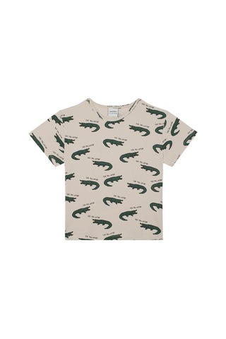 Antebies Organik Gots Sertifikalı Yeşil Timsah Desenli Beli Lastikli Tshirt Şort Erkek Çocuk Pijama Takımı