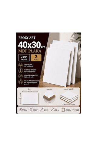 Mdf - 40x30cm Beyaz Lam Mdf Plaka 3mm / 3 Adet Ahşap Boyama, Maket, Hobi Ve Dekorasyon