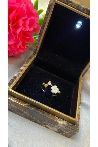 Minimal Çiçekli Zirkon Taşlı Ayarlı Yüzük Çelik Gold Gold - Gümüş