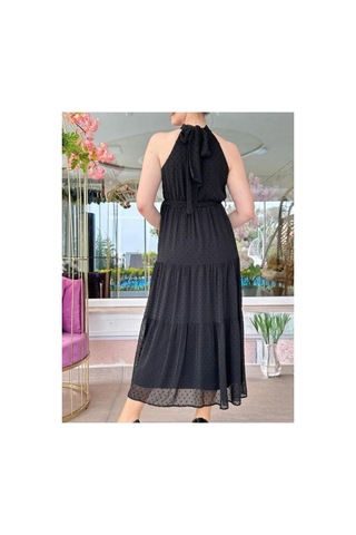 Çınar Boutique Halter Yaka Ponponlu Şifon Elbise Siyah Siyah