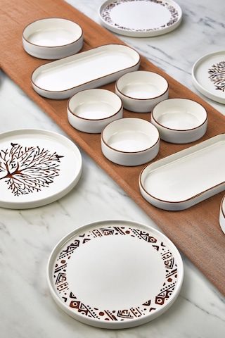 Kitchen Life 14 Parça 6 Kişilik Hayat Ağacı Stackable Kahvaltı Takımı - Kahvaltılık Sunum Tabağı Beyaz - Altın