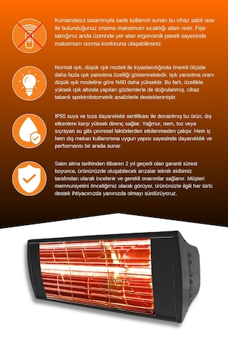 Supra 1500 Watt Gss15 Kumandasız Suya Dayanıklı Elektrikli İnfrared Isıtıcı-siyah