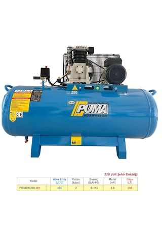 Puma Power 200 L 3 HP 8 Bar 220 V Alüminyum Kafa 2 Pistonlu Kompresör