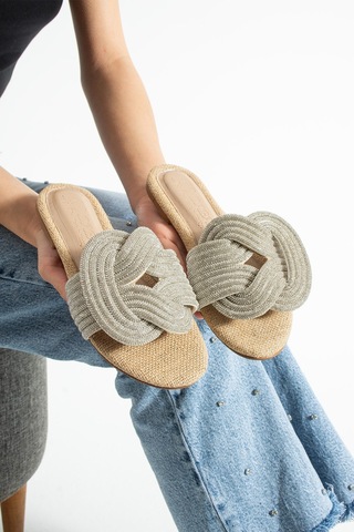 Dabab Shoes Lumıry Hasır Kadın Taşlı Düğümlü Bantlı Düz Işıltılı Terlik Kahverengi