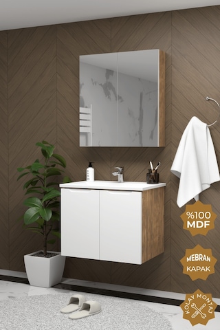 Teta Home Astana 80 Cm Mdf Gövde Membran Kapak Banyo Dolabı Seti Atlantik Çam - Beyaz