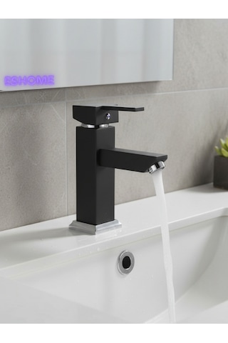 Elite Edition Lüx Kare Sabit Banyo Lavabo Bataryası Pirinç Ağır Malzeme Siyah