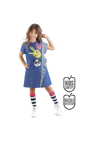 Denokids Üç Arkadaş Dokuma Kız Çocuk Mavi Yazlık Elbise
