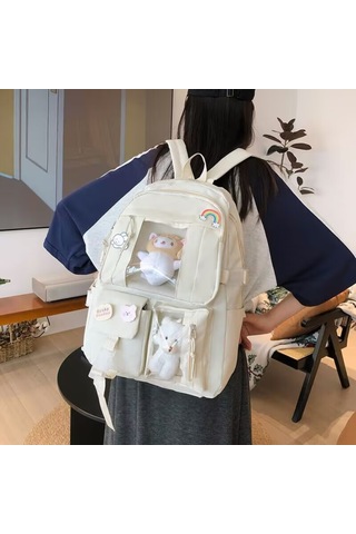 Suofeng Siyah Nilon Çift Askılı Çanta - Büyük Kapasite, Çoklu Cep Ve Şeffaf Pencere + Figür, Roz Bebek Ve 4 Adet Badge Hediyeli - Öğrencilere Ve Sevimli Stilleri Sevenlere Uygun Siyah