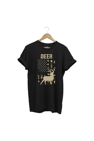 Avcılık Hunter Geyik Avcılığı Deer Hunt Baskılı Kamuflaj Desenli Regular Fit Siyah T-shirt Siyah