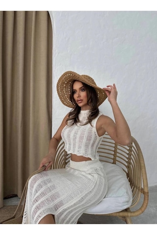 Ecenin Favorileri Triko Crop Etek Takım Ekru