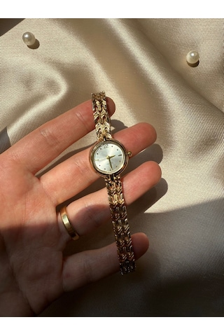 Retro Minimal Hasır Kordon Vintage Kadın Kol Saati Yuvarlak Altın