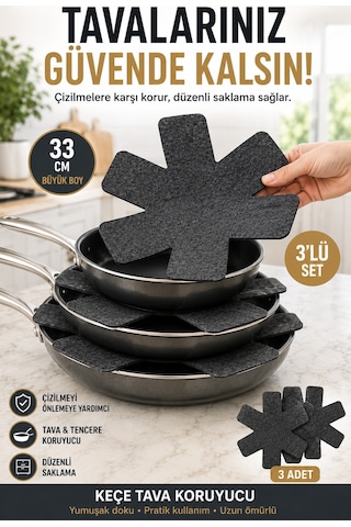 3'lü Antrasit Tava Çizdirmez Keçe Koruyucu 33 Cm Tava Tencere Ayırıcı Çizik Önleyici Organizer Set