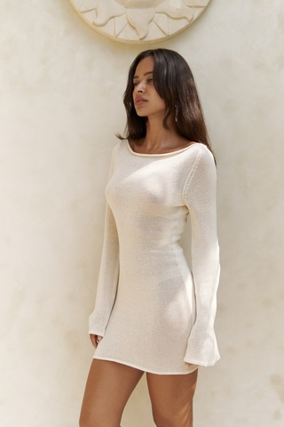 Mai Collection Mai Studios Co. Lenthe Kayık Yaka Bej Mini Triko Elbise Bej