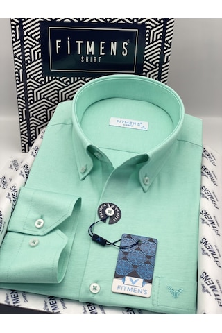Klasik Uzun Kol Pamuklu Yaka Düğmeli Hediye Kutulu Kolay Ütülenebilir Erkek Gömlek Fs-003897 - Koyu Mint-3371