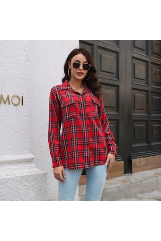 Gmxıa Kadın Modası Günlük Ekose Baskı Uzun Kollu Polo Yaka Bluzlar Ve Gömlekler Kırmızı