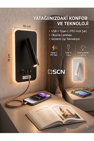 Yatak Başı Aplik Type-c Usb Hızlı Şarjlı Gün Işığı