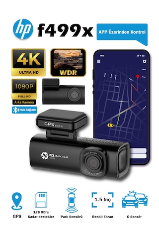 Hp F499x 4k Wdr, Araçiçi Ön + Arka Kamera, 1.5 Inch Renkli Lcd Ekran, Gps Li, Wi-fi Destekli