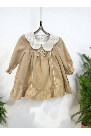 Cantoy Kız Bebek Bebe Yaka Fitilli Kadife Elbise-15068 Camel
