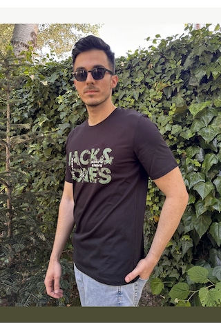 Jack & Jones 12215700 Techlogo Bisiklet Yaka Logolu Erkek Tişört Siyah Beyaz