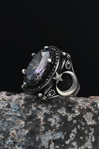 Ay Yıldız Figürlü Ay Yıldızlı Ay Yıldız 925 Ayar Gümüş Erkek Yüzüğü Mistik Topaz Taşlı 901538 Gümüş