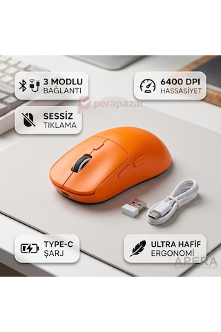Kablosuz Bluetooth Ve Usb Alıcılı Gaming Mouse Sessiz Tık Type-c Şarjlı 6400 Dpı 3 Modlu Bilgisayar Laptop Oyuncu Faresi Cn10 Uczzzm223mouseturuncu-3