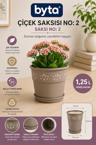 1,25 L Dekoratif Çiçek Saksısı No:2 Tablalı, Pp Plastik, İç Ve Dış Mekan Bitki Saksısı