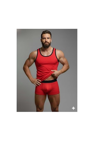 Erkek Kırmızı Tank Top Boxer Takımı Çok Renkli