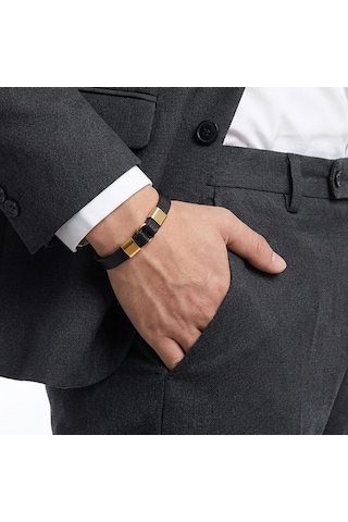Moncuk Design Erkek Sarı Çelik Ve Siyah Deri Bileklik 33514b4d2 Çok Renkli
