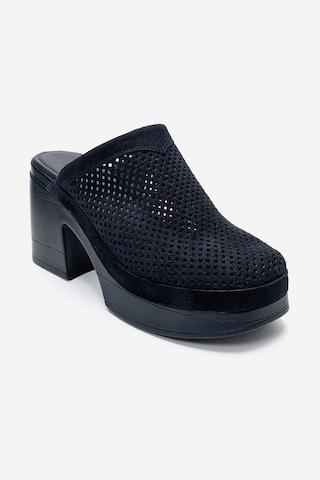 Luvishoes Dejas Lacivert Süet Hakiki Deri Delikli Kadın Kalın Topuklu Terlik