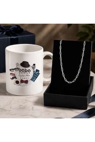 Bk Gift Kişiye Özel Babalar Günü Tasarımlı Beyaz Kupa & Ataç Zincir Kolye -14, Babalar Günü Hediyesi Gümüş
