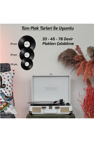 Record Master ST14012 Retro Şarjlı Bluetooth Pikap Kum Beyazı