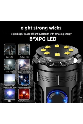 8+1 Led Şarjlı Çantalı Cree Q8 + Xpg Led Mıknatıslı El Feneri 7 Modlu Watton 623 Siyah