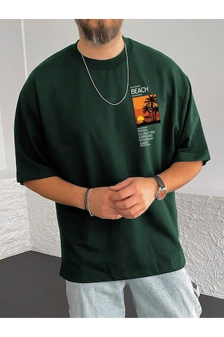 T-shirt - Beach Baskılı Oversize Bisiklet Yaka Kısa Kol Tişört Yeşil